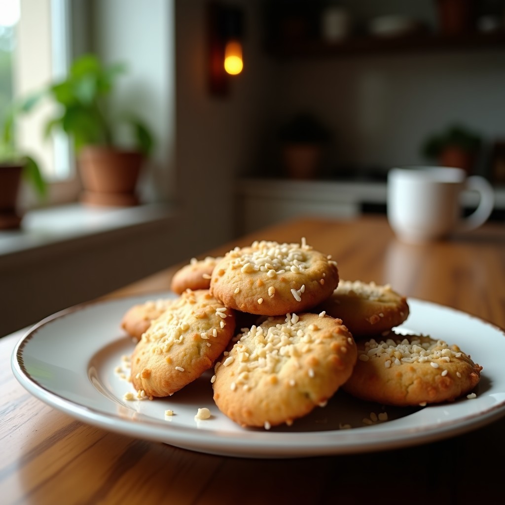 Galletas redondas y doradas de harina de coco y semillas de chía sobre una bandeja de madera, con textura ligeramente rugosa y brillo natural. Receta keto sin horno en 12 minutos.