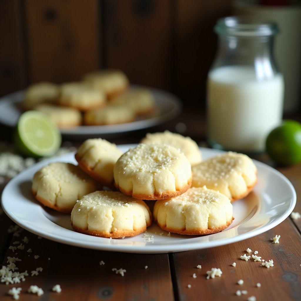 Bandeja de madera con galletas doradas de harina de cocos y lima, decoradas con semillas de sésamo tostado, sobre un fondo rústico con limas caribeñas y hojas de coco.