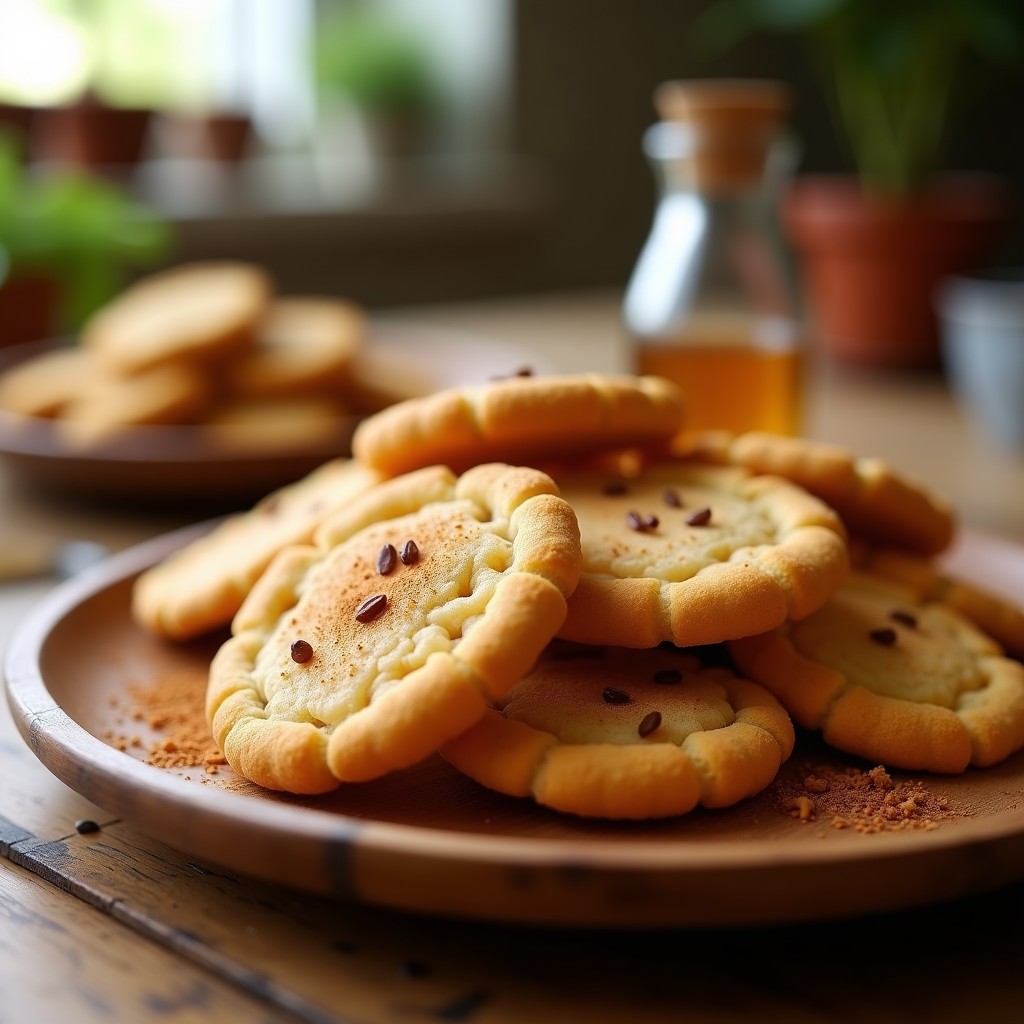 Galletas doradas y crujientes de harina de cricket y miel con semillas de girasol tostadas, dispuestas en un plato de madera rústica con fondo de tela de lino blanco.
