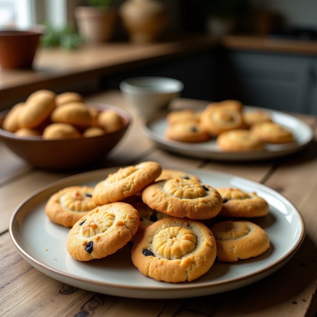 Galletas doradas y crujientes de harina de garbanzo y aceitunas negras, con semillas de sésamo tostado en la superficie, dispuestas en un plato de madera rústico con hierbas frescas y limón al fondo. Aperitivo mediterráneo sin horno.