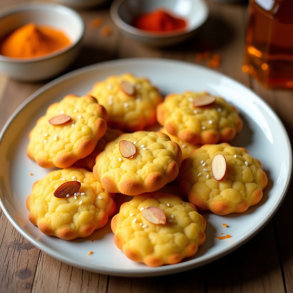 Galletas doradas y crujientes de harina de garbanzo y azafrán en airfryer, decoradas con semillas de sésamo y almendras fileteadas, servidas en un plato de cerámica blanca sobre fondo rústico.