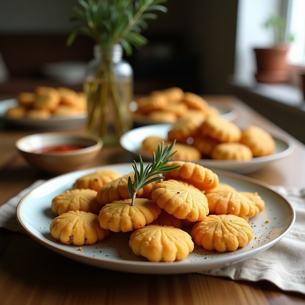 Galletas doradas y crujientes de harina de garbanzo con romero fresco, semillas de sésamo y toques de pimentón, dispuestas sobre una tabla de madera rústica con hojas de romero como decoración. Receta keto en airfryer.