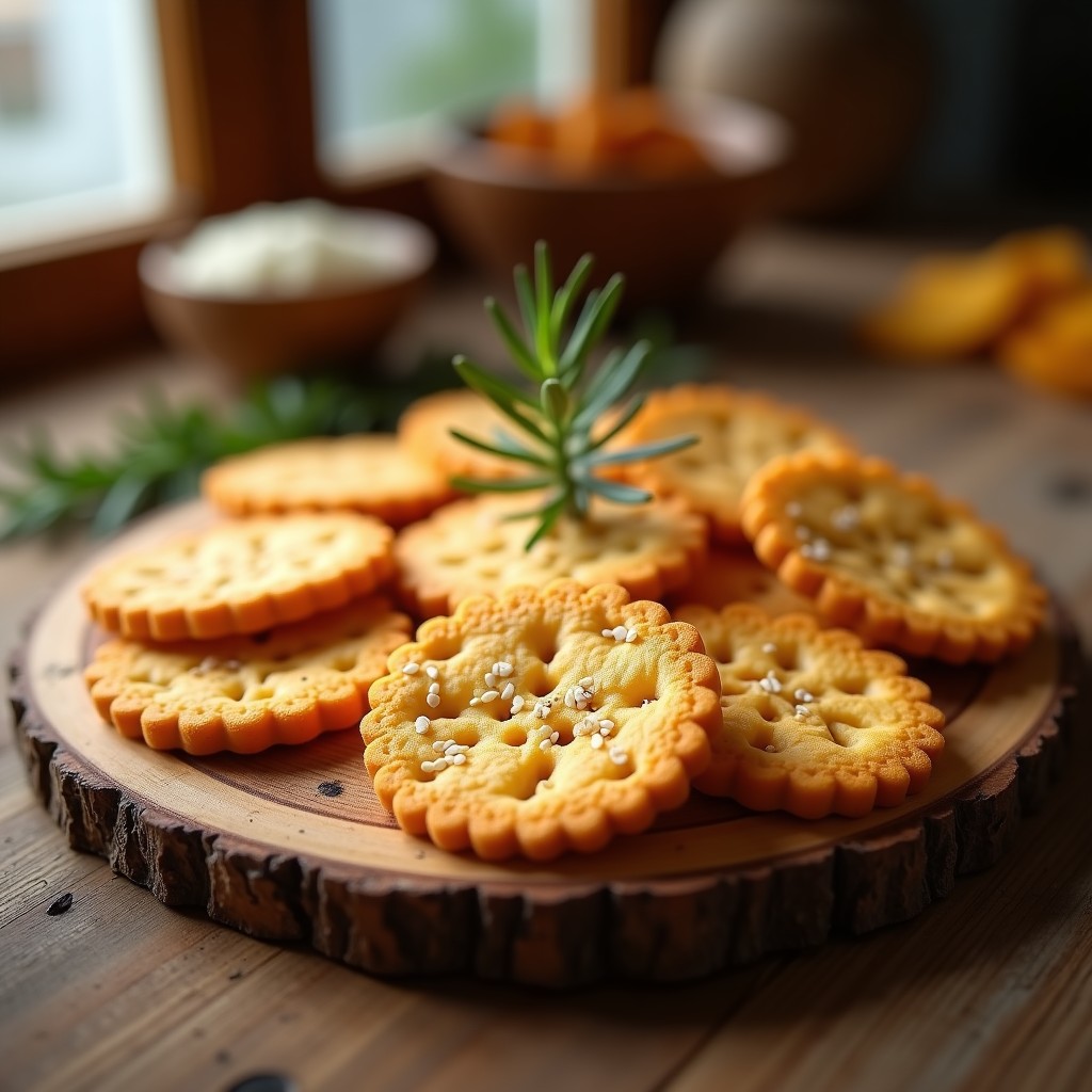 Galletas doradas y crujientes de harina de garbanzo con romero fresco y semillas de sésamo, dispuestas en un plato de madera rústico con un ramito de romero al lado, snack español vegano.