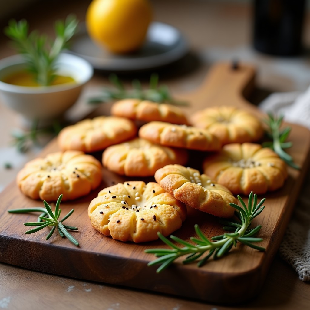 Galletas doradas y crujientes de harina de garbanzo con romero y semillas de sésamo, dispuestas en una bandeja de madera rústica con un ramito de romero fresco al lado. Snack saludable al horno.