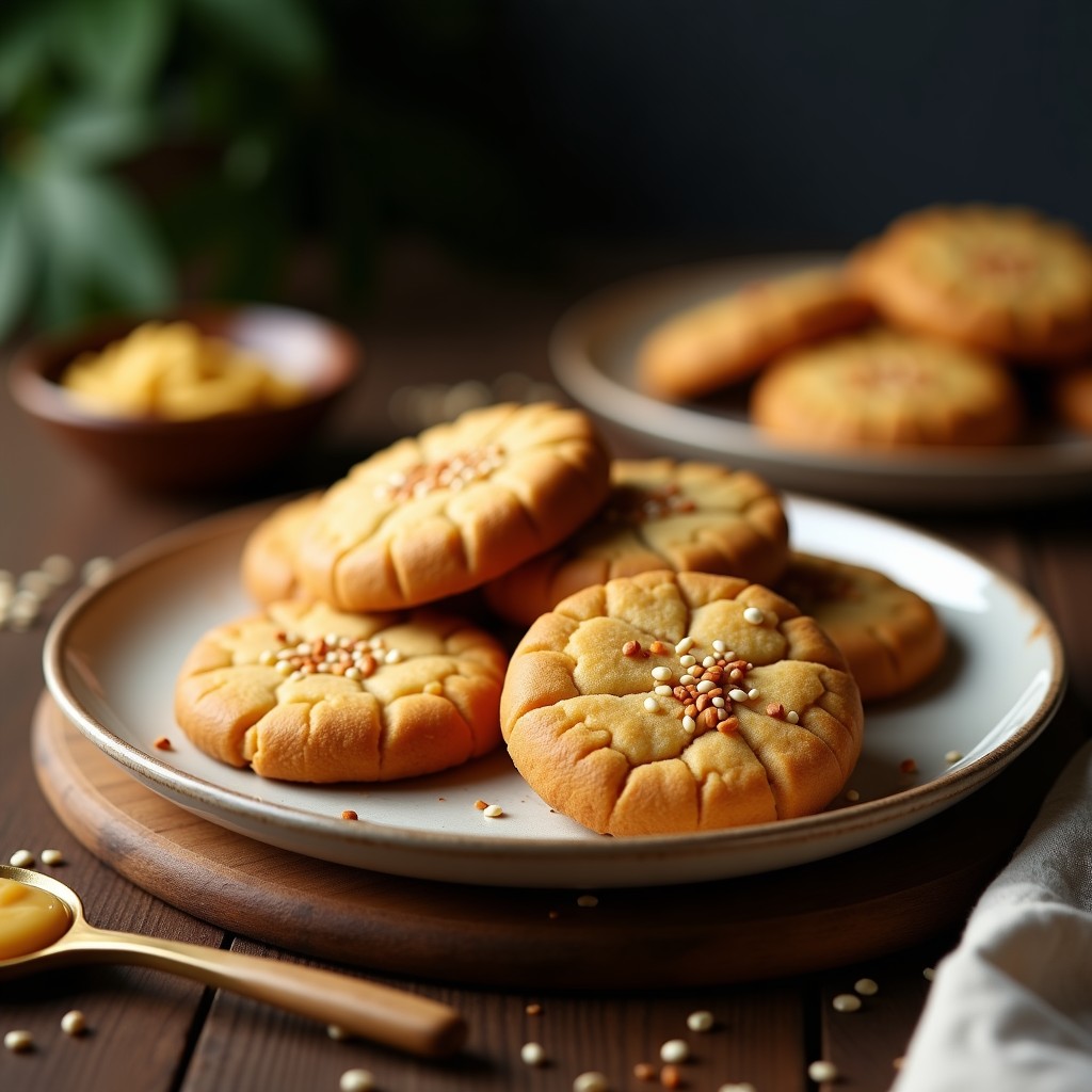 Galletas doradas y crujientes de harina de garbanzo y tahini con semillas de sésamo tostadas, apiladas en un plato de madera rústico sobre fondo claro. Receta keto sin horno.