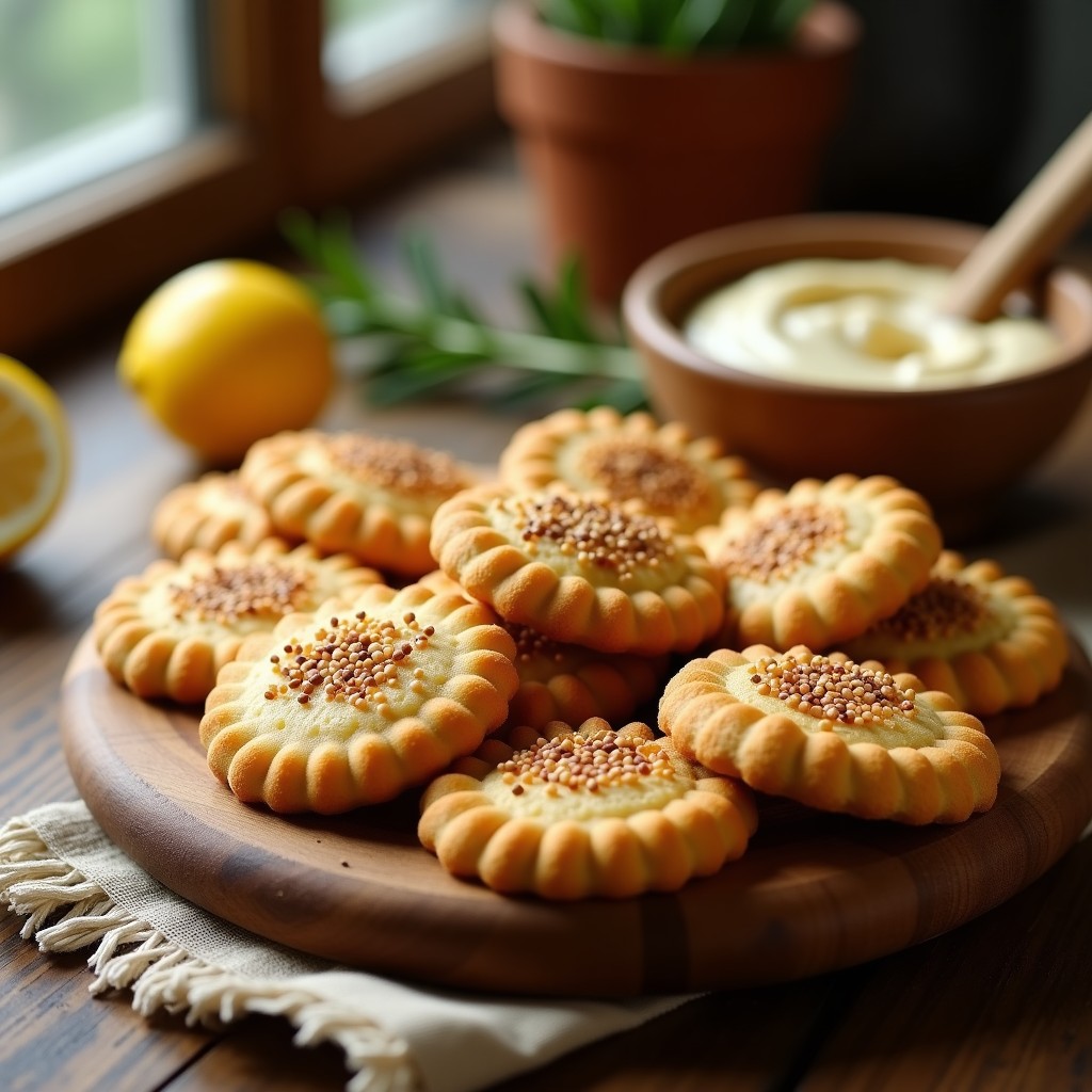 Galletas doradas y crujientes de harina de garbanzo y tahini, con semillas de sésamo tostadas por encima, dispuestas en una bandeja de madera rústica junto a un bol de tahini y una cuchara de madera. Snack saludable sin azúcar.