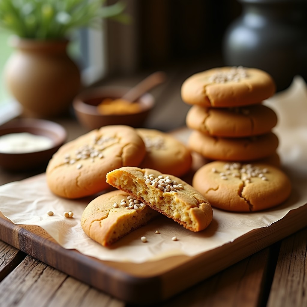 Galletas doradas y crujientes de harina de garbanzo y tahini, con semillas de sésamo tostadas por encima, dispuestas en una bandeja de madera rústica. Snack vegano alto en proteína y sin gluten.