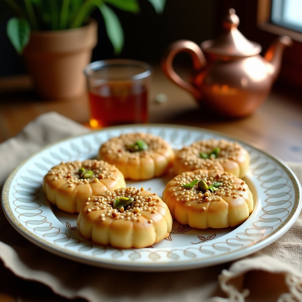 Galletas doradas y crujientes de harina de garbanzo y tahini, decoradas con semillas de sésamo y pistachos picados, dispuestas en un plato de cerámica blanca con detalles árabes, acompañadas de una taza de té de menta.