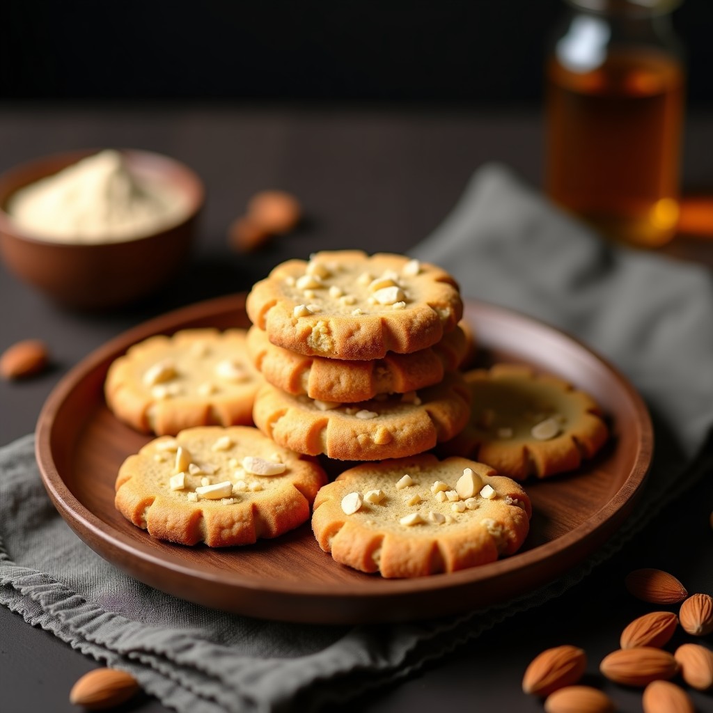 Galletas doradas y crujientes de harina de grillo y almendras, apiladas sobre un plato de madera rústica con almendras fileteadas visibles en la superficie. Snack alto en proteína y sin harina tradicional.