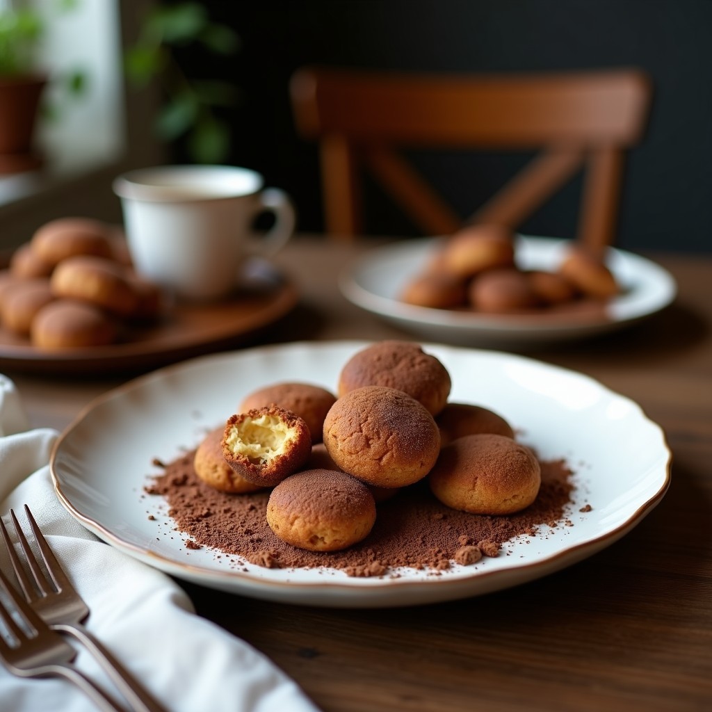 Bandeja de madera con galletas de harina de grillo y cacao, doradas y crujientes, con textura rugosa y semillas de chía visibles, sobre fondo rústico. Postre proteico sin azúcar y eco-friendly.