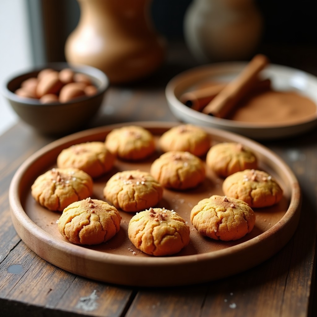 Galletas doradas y crujientes de harina de grillo y canela, con semillas de ajonjolí en la superficie, dispuestas en una bandeja de madera rústica con un toque de especias mexicanas al fondo. Snack proteico keto ideal.
