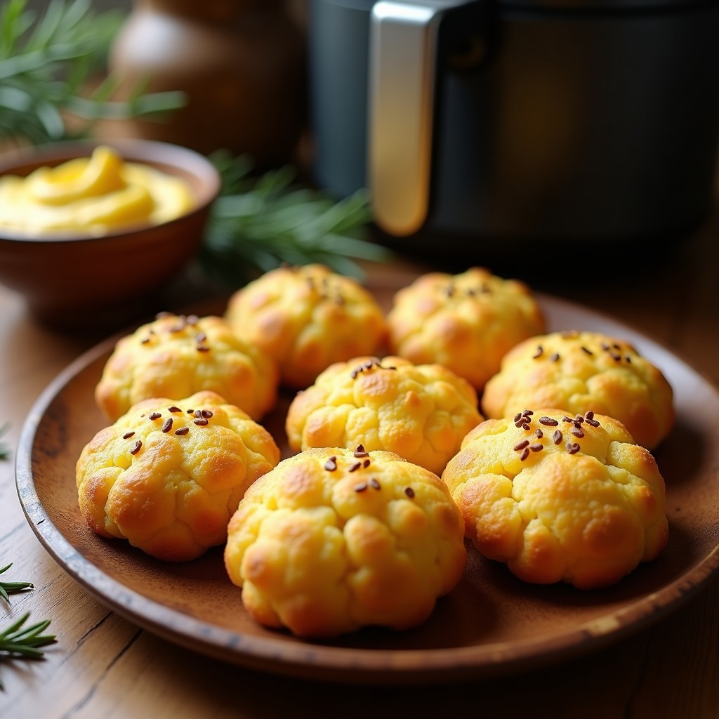 Galletas redondas y doradas de harina de guisante y azafrán con semillas de sésamo, apiladas en un plato de cerámica blanca sobre fondo rústico de madera. Receta vegana y alta en fibra preparada en airfryer.