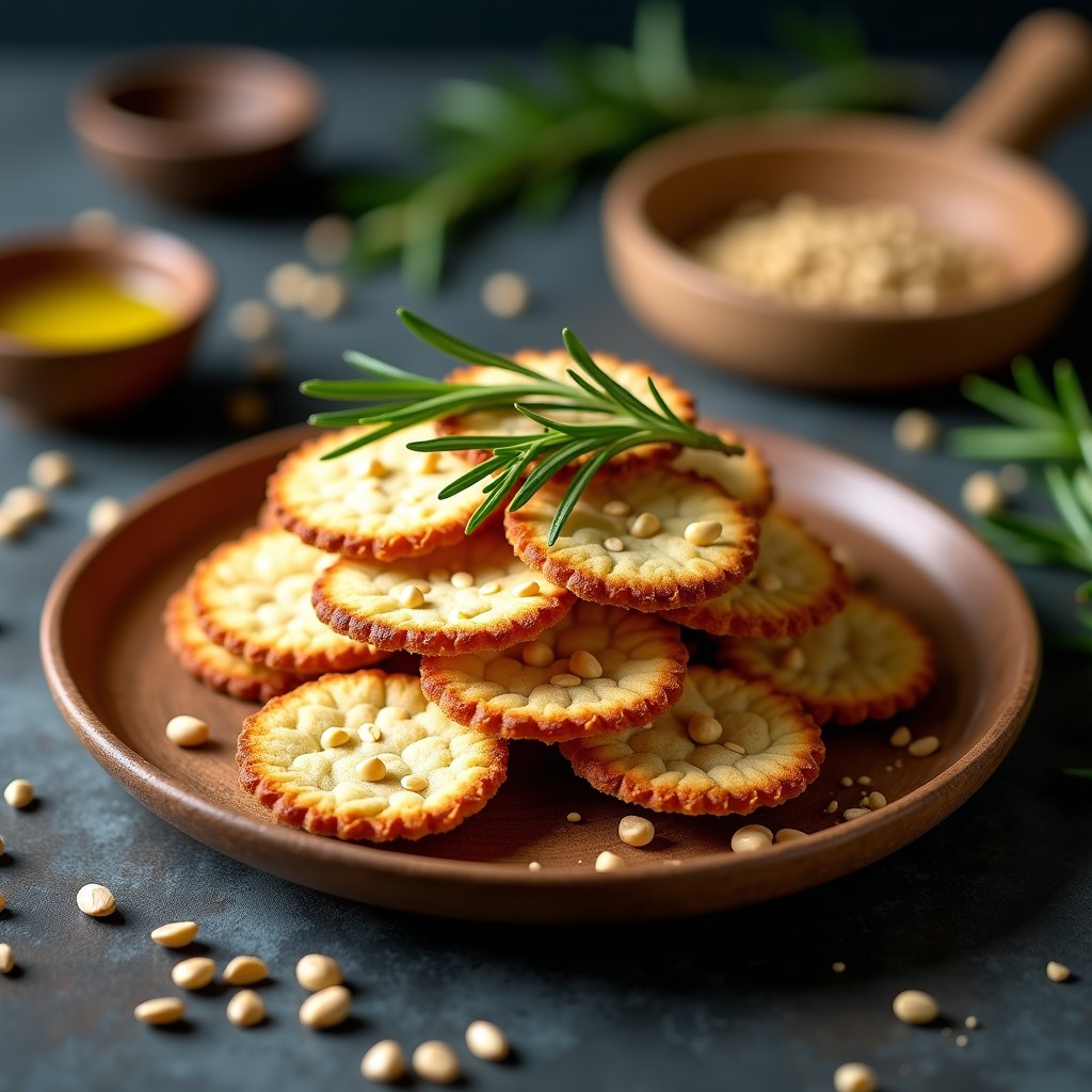 Vista cenital de galletas doradas y crujientes de harina de guisante y semillas de cáñamo, apiladas en un plato de madera rústica con semillas de cáñamo espolvoreadas alrededor. Snack proteico sin horno, ideal para tupper.
