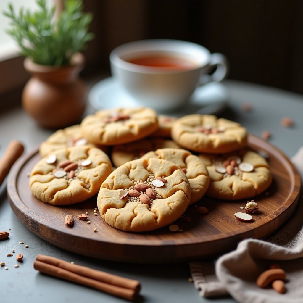 Galletas doradas y crujientes de harina de guisante con especias chai, decoradas con almendras fileteadas y semillas de sésamo, sobre una bandeja de madera rústica con fondo borroso.