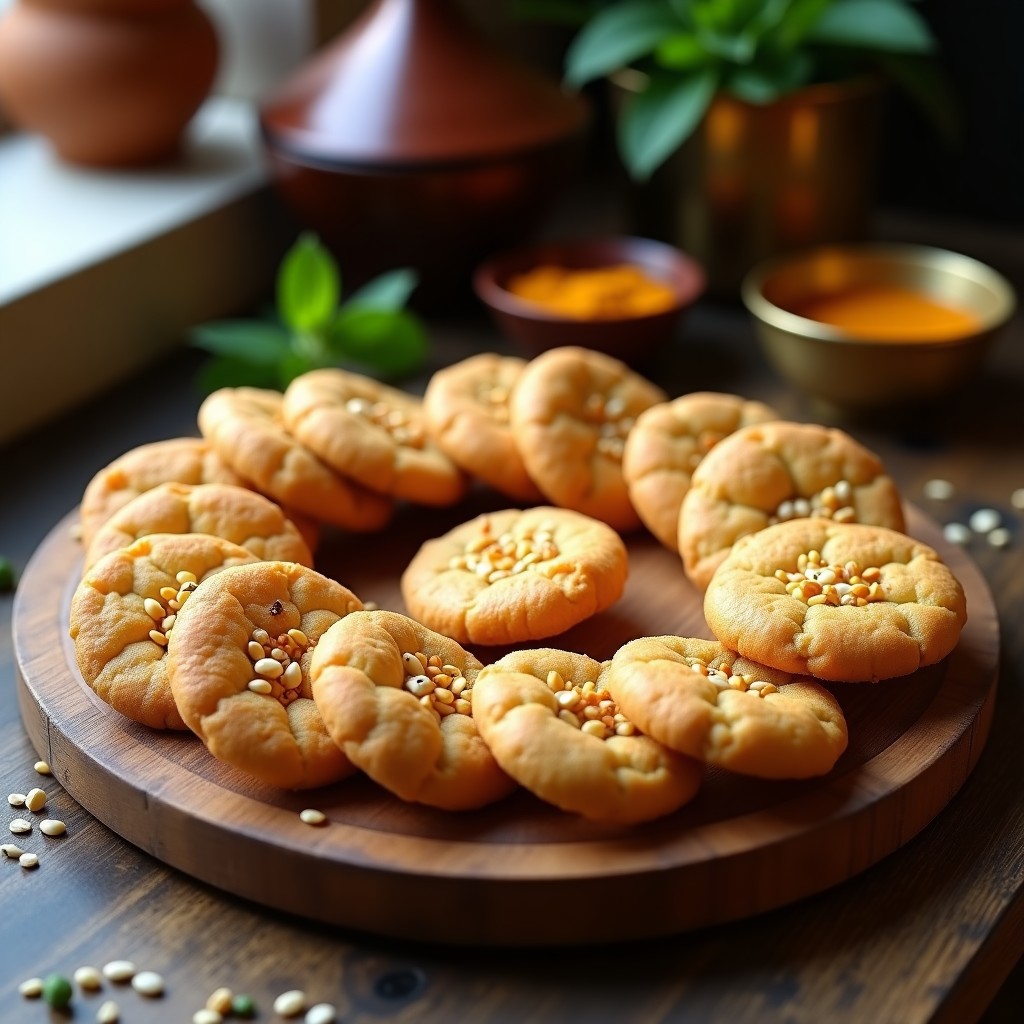 Galletas doradas y crujientes con especias de ras el hanout y semillas de sésamo, hechas con harina de insectos, dispuestas en una bandeja de madera rústica con un fondo de especias y hierbas frescas.
