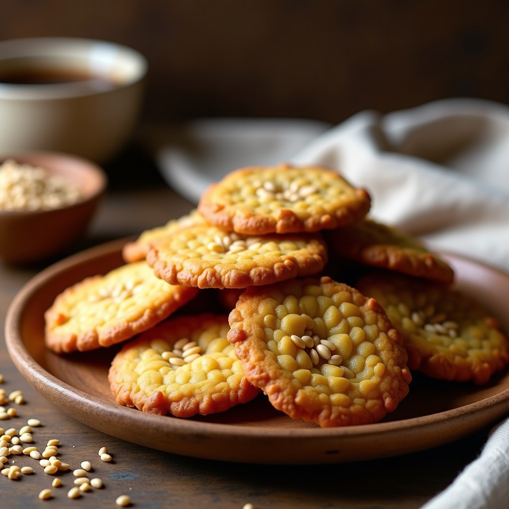 Galletas doradas y crujientes de harina de lentejas con semillas de ajonjolí tostadas, apiladas en un plato de madera rústico. Snack alto en proteína y sin horno, ideal para comer saludable.