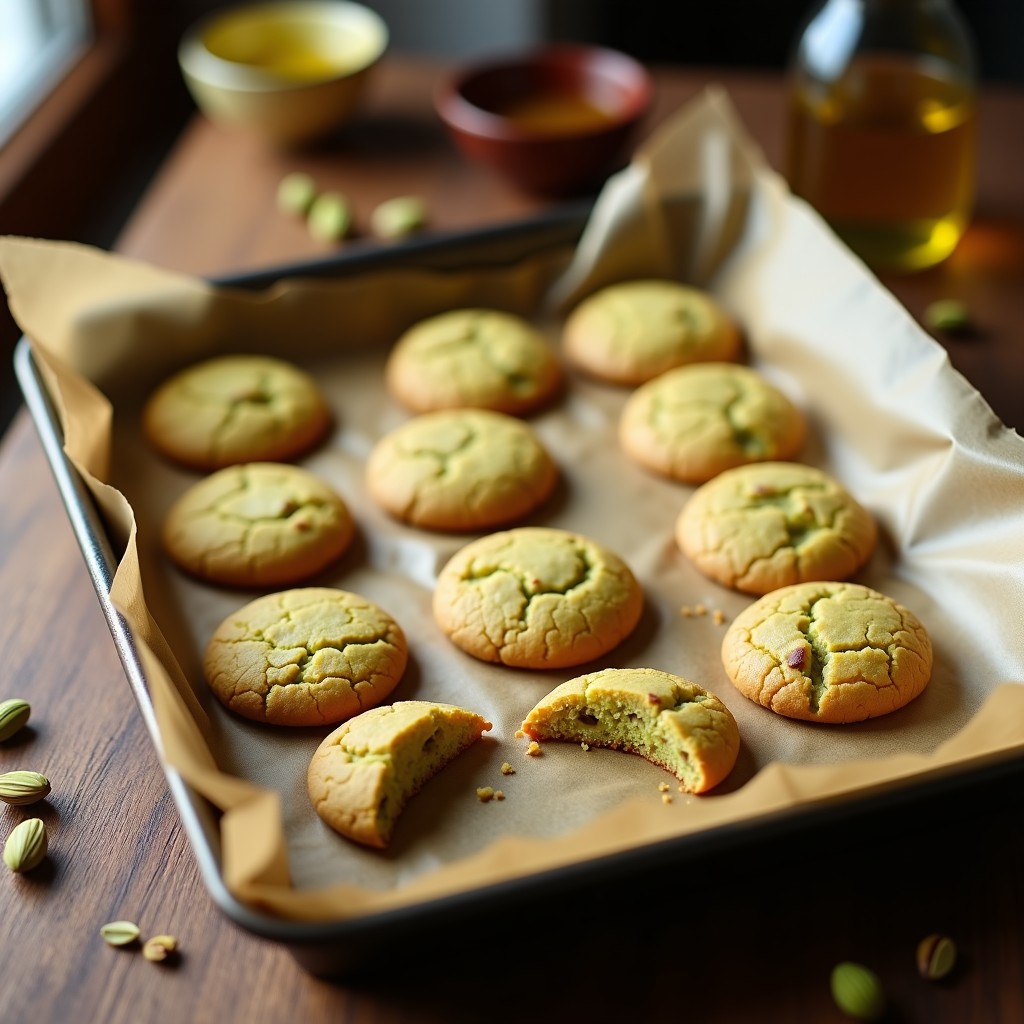Galletas doradas de harina de pistacho y aceite de oliva dispuestas en una bandeja de madera rústica, con pistachos picados por encima y un fondo borroso de ingredientes como harina y aceite.