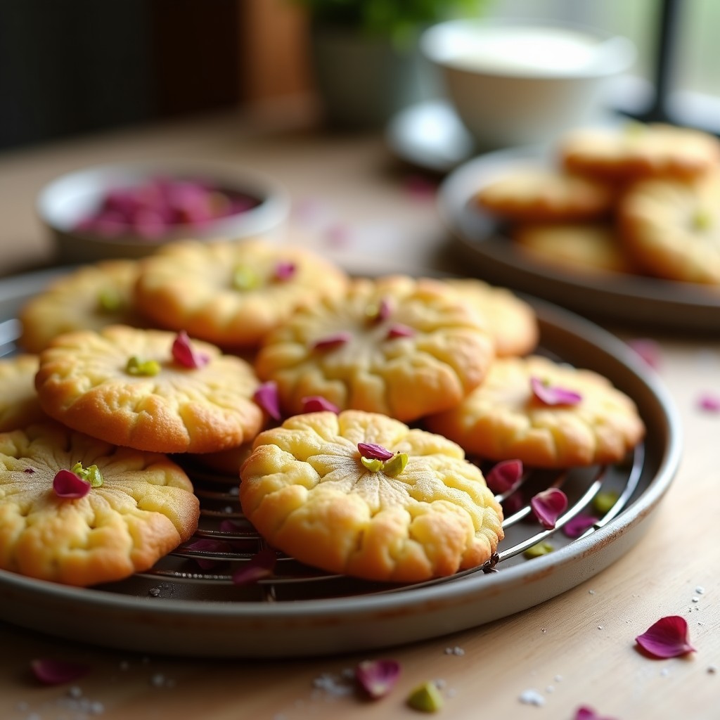 Galletas doradas y crujientes de harina de pistacho con trocitos visibles de pistacho, decoradas con pétalos de rosa comestibles, sobre una rejilla de enfriado rústica con fondo de madera clara.