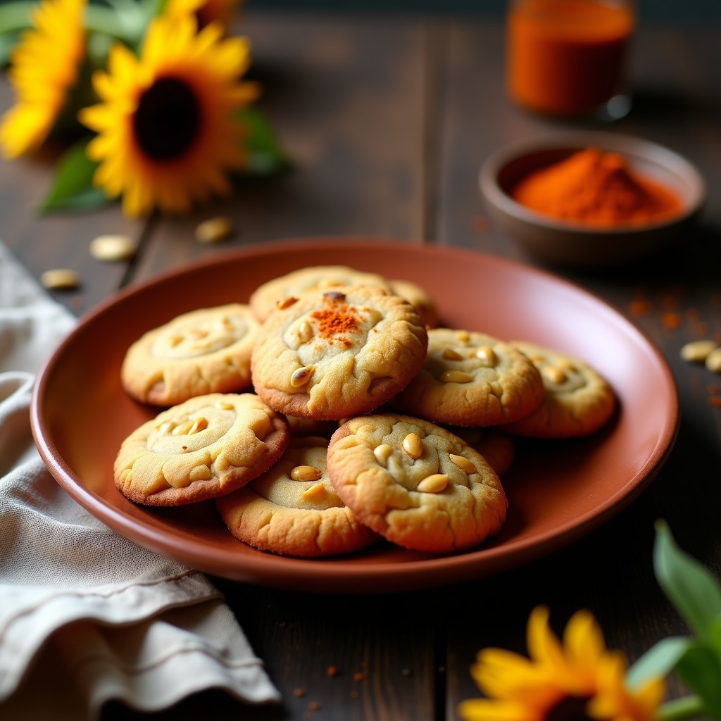 Galletas doradas y crujientes de harina de plátano con specks de semillas de girasol, espolvoreadas con chipotle en polvo, dispuestas en un plato de barro rústico sobre un fondo de madera oscura. Receta de snack picante para tupper.