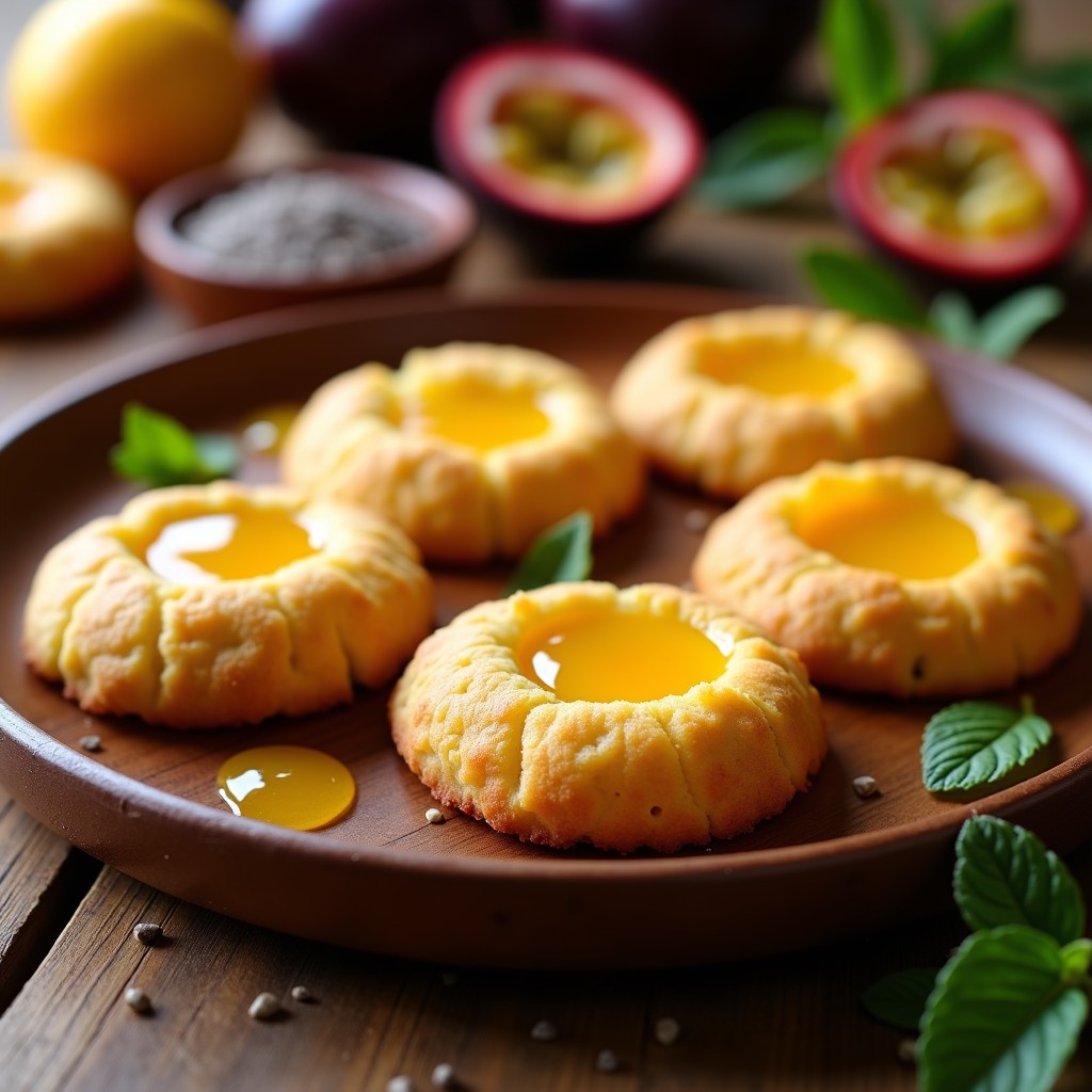 Galletas doradas y esponjosas de harina de plátano macho con un centro relleno de mermelada de maracuyá brillante, decoradas con almendras fileteadas y semillas de chía, sobre un plato de cerámica blanca con fondo rústico de madera.