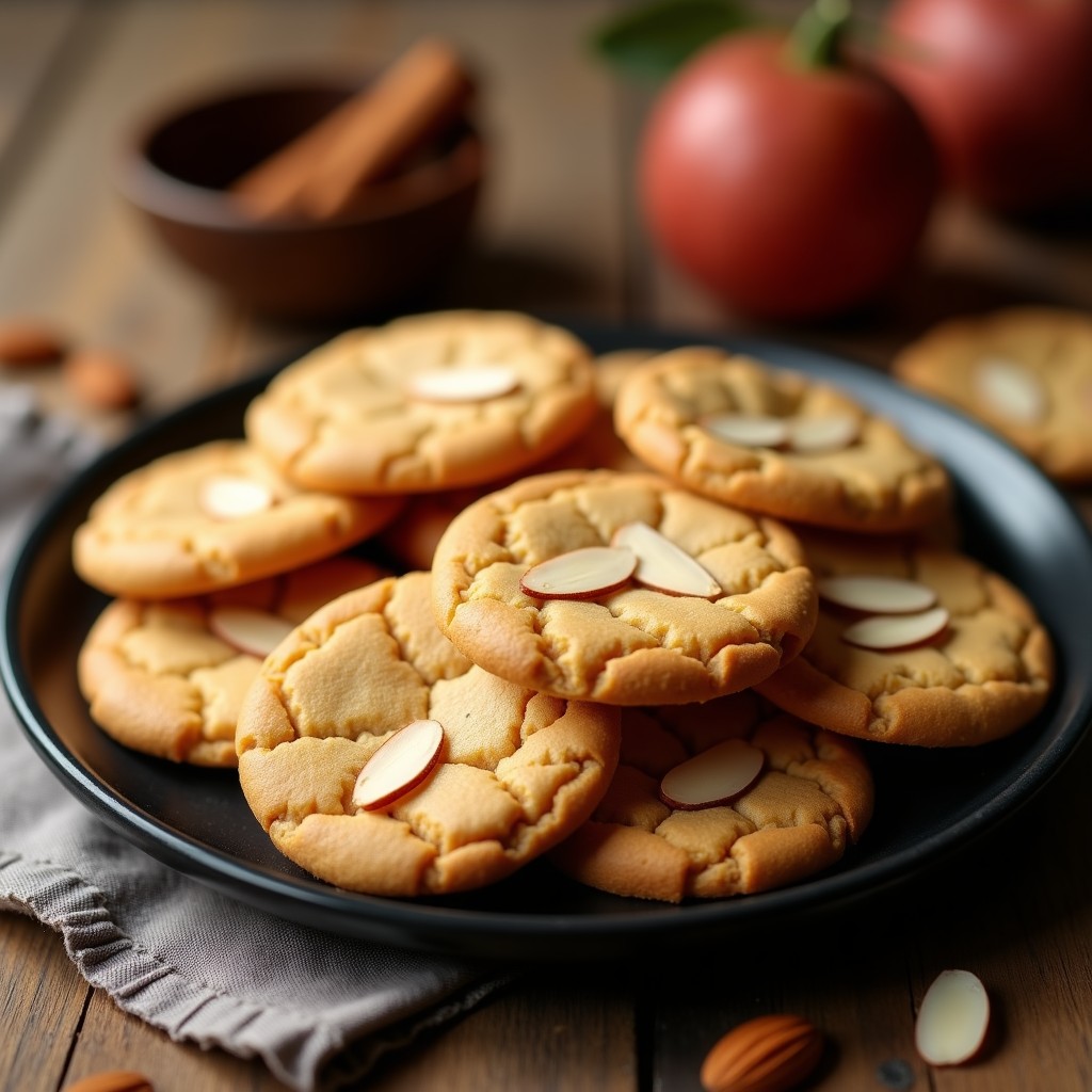 Galletas doradas y crujientes de harina de São Thomé con almendras fileteadas, espolvoreadas con canela, sobre un plato de barro rústico con fondo de tela de lino beige y hojas de canela dispersas.