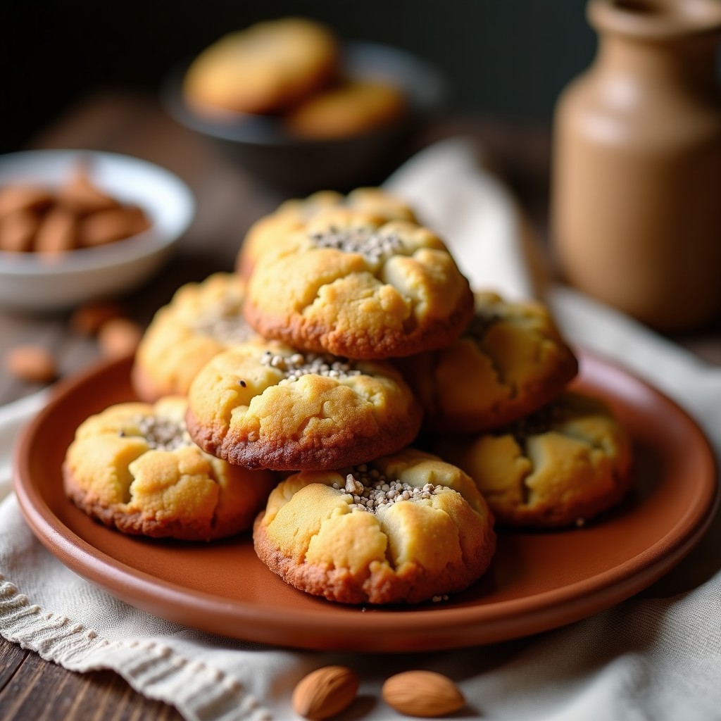 Galletas doradas y crujientes de harina de tara con trocitos de almendra, dispuestas en un plato rústico de barro con fondo de higos chumbos frescos y un paño de lino andino. Snack andino sin azúcar.
