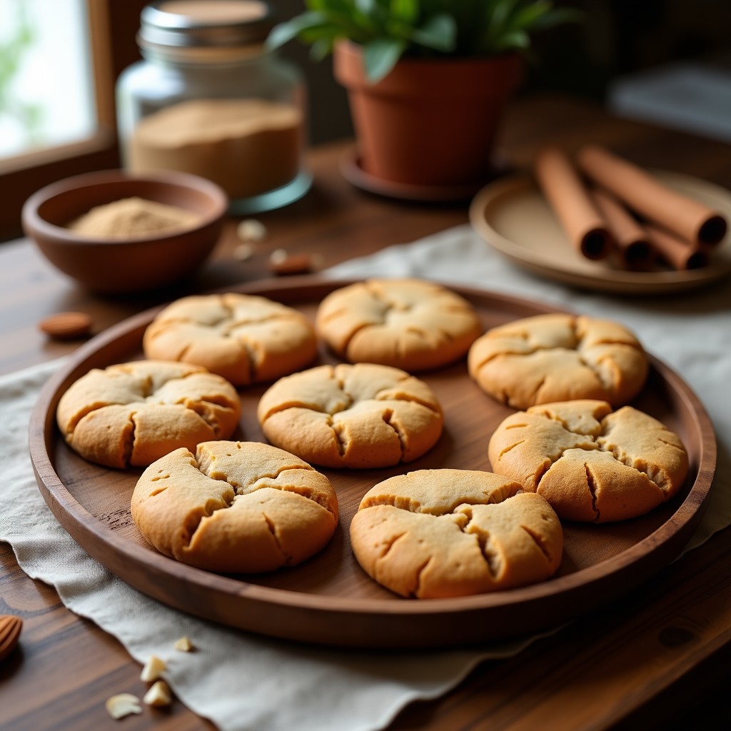 Bandeja de madera con galletas doradas de harina de teff y canela, decoradas con almendras fileteadas, sobre un fondo rústico con especias y semillas esparcidas. Receta sin gluten y energética para tupper.