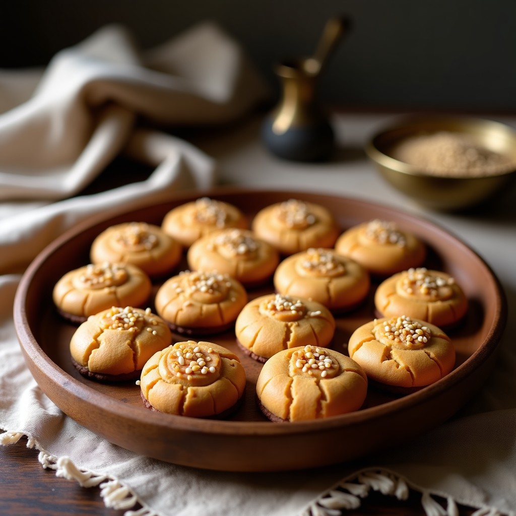 Galletas doradas y crujientes de higos y almendras con especias marroquíes, decoradas con semillas de sésamo y copos de coco, sobre una bandeja de madera rústica.