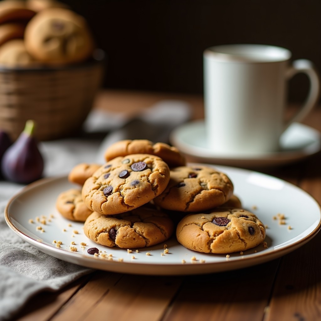 Galletas doradas y crujientes de harina de lensha con un relleno brillante de mermelada de higo negro, dispuestas en una bandeja de madera rústica con hojas de menta como decoración.
