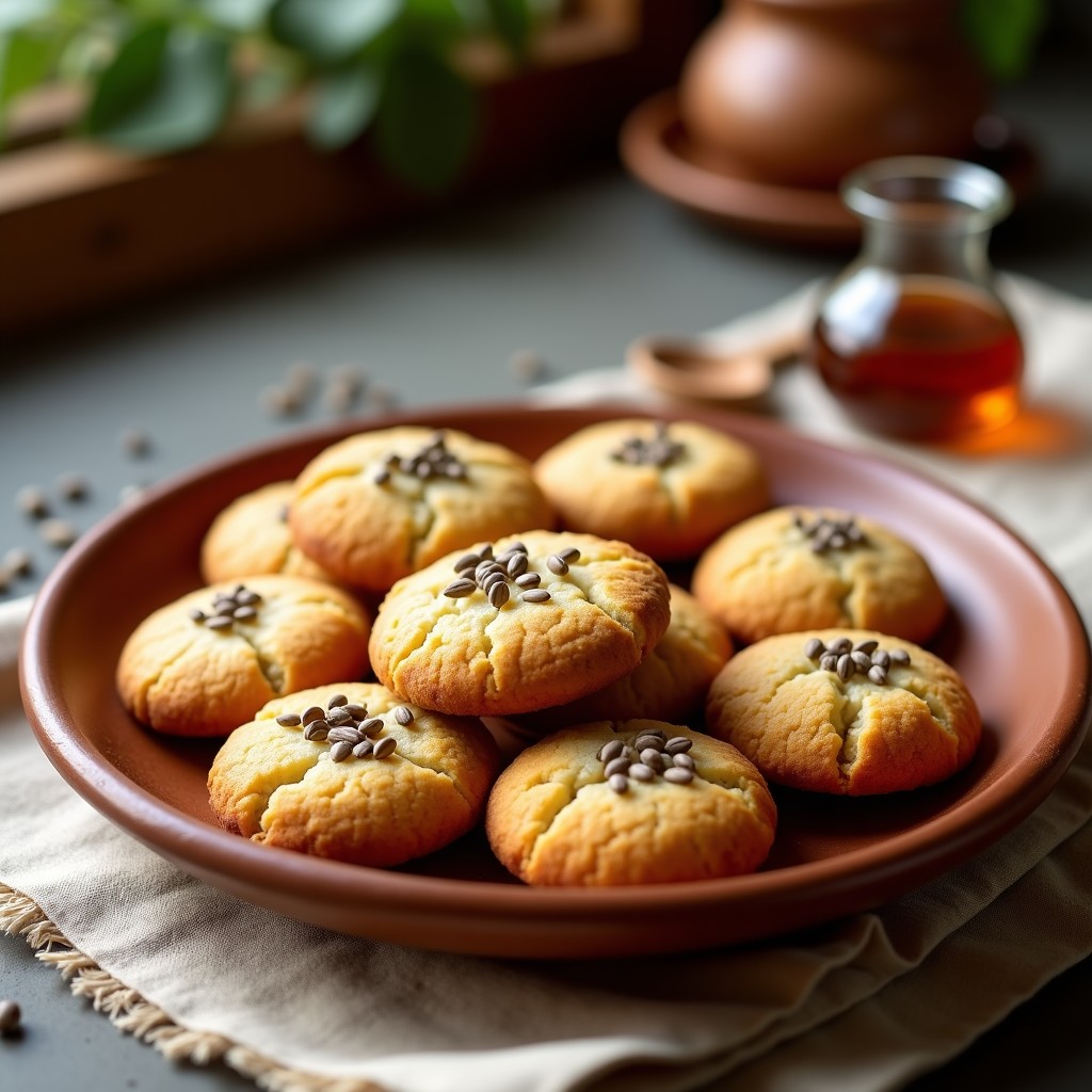 Galletas doradas y crujientes de harina de lensión y miel de agave, decoradas con semillas de chía y girasol, dispuestas en un plato de barro mexicano sobre un mantel de lino. Snack vegano y sin azúcar.