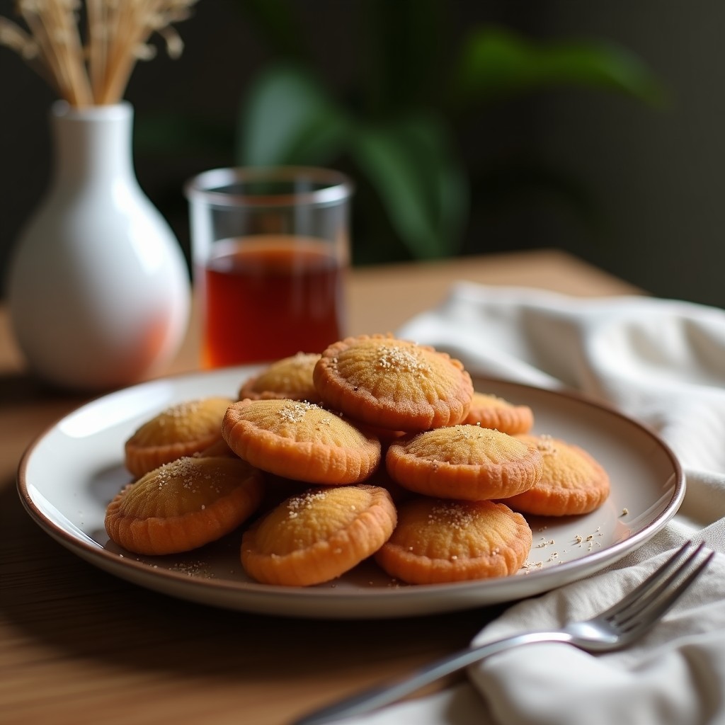 Galletas doradas y esponjosas de harina de lentejas y cacao, con trocitos de nuez, dispuestas en un plato de madera rústico. Snack vegano alto en proteína y sin harina refinada.