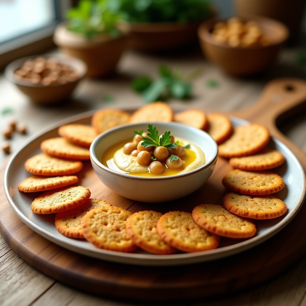 Plato blanco con galletas saladas doradas de harina de lentejas y semillas de lino, decoradas con semillas de sésamo negro, acompañadas de un bol de hummus cremoso de lentejas rojas y ajo tostado, espolvoreado con perejil fresco. Aperitivo vegano y alto en fibra.