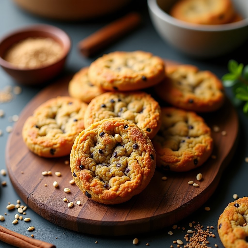 Galletas doradas y crujientes de lentejas negras con semillas de sésamo, espolvoreadas con pimienta de Jamaica, dispuestas en una bandeja de madera rústica con fondo borroso.