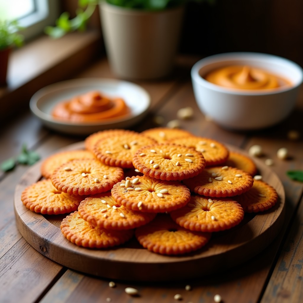 Galletas doradas y crujientes de harina de lentejas con Pimentón de La Vera, espolvoreadas con semillas de sésamo tostado, dispuestas en un plato de madera rústico sobre un fondo oscuro.