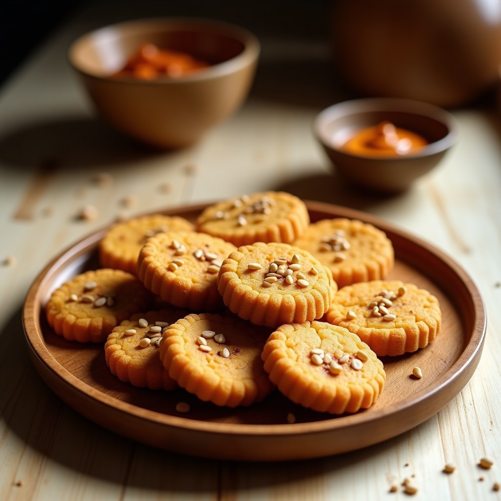 Galletas doradas y crujientes de lentejas rojas y tahini dispuestas en un plato de cerámica blanca, con semillas de sésamo y chía visibles en la superficie. Fondo rústico con especias y tahini al lado, destacando su textura y color terroso.