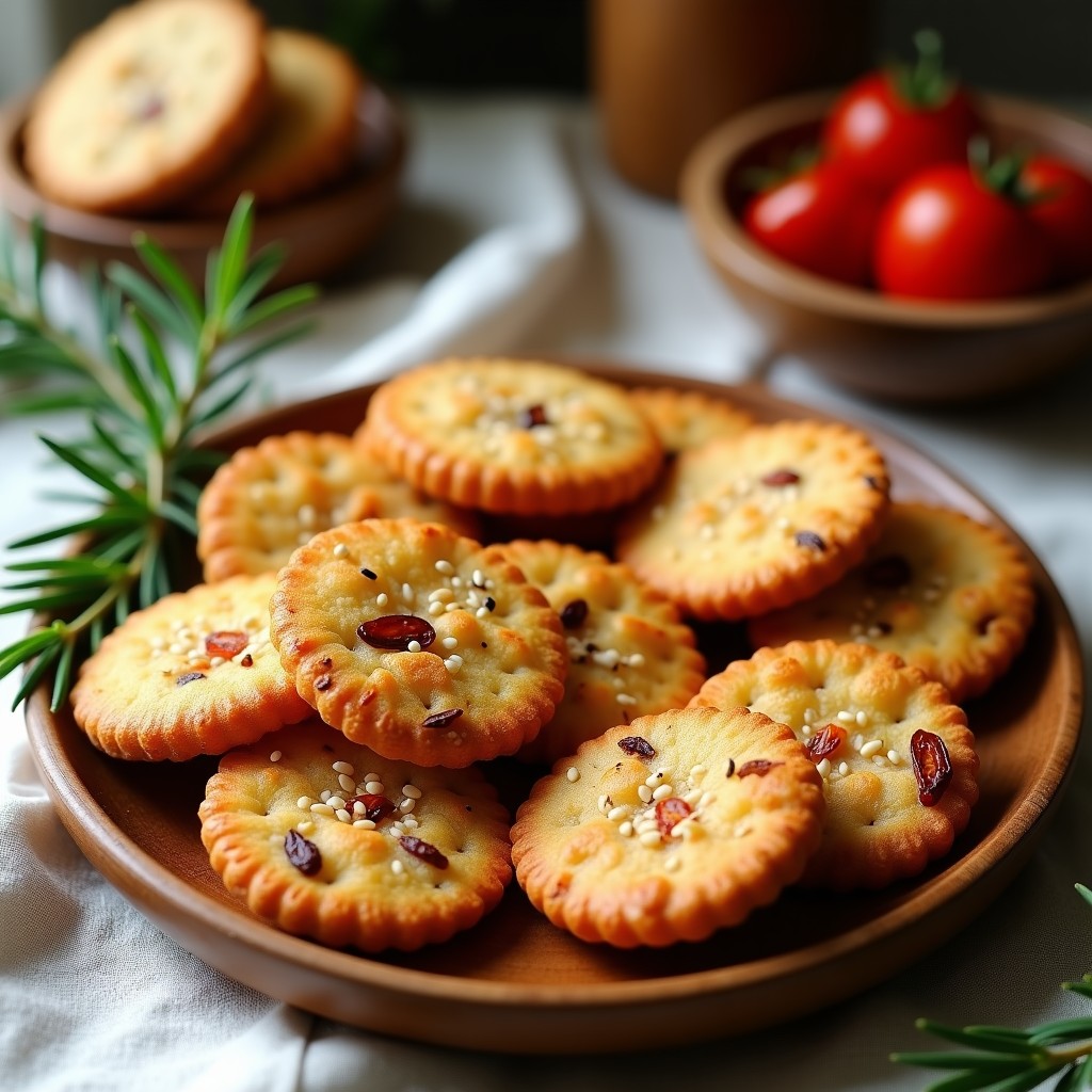 Galletas doradas y crujientes de harina de lentejas con trocitos de tomate seco y semillas de sésamo, dispuestas en un plato rústico de madera con romero fresco. Snack italiano vegano y sin gluten.