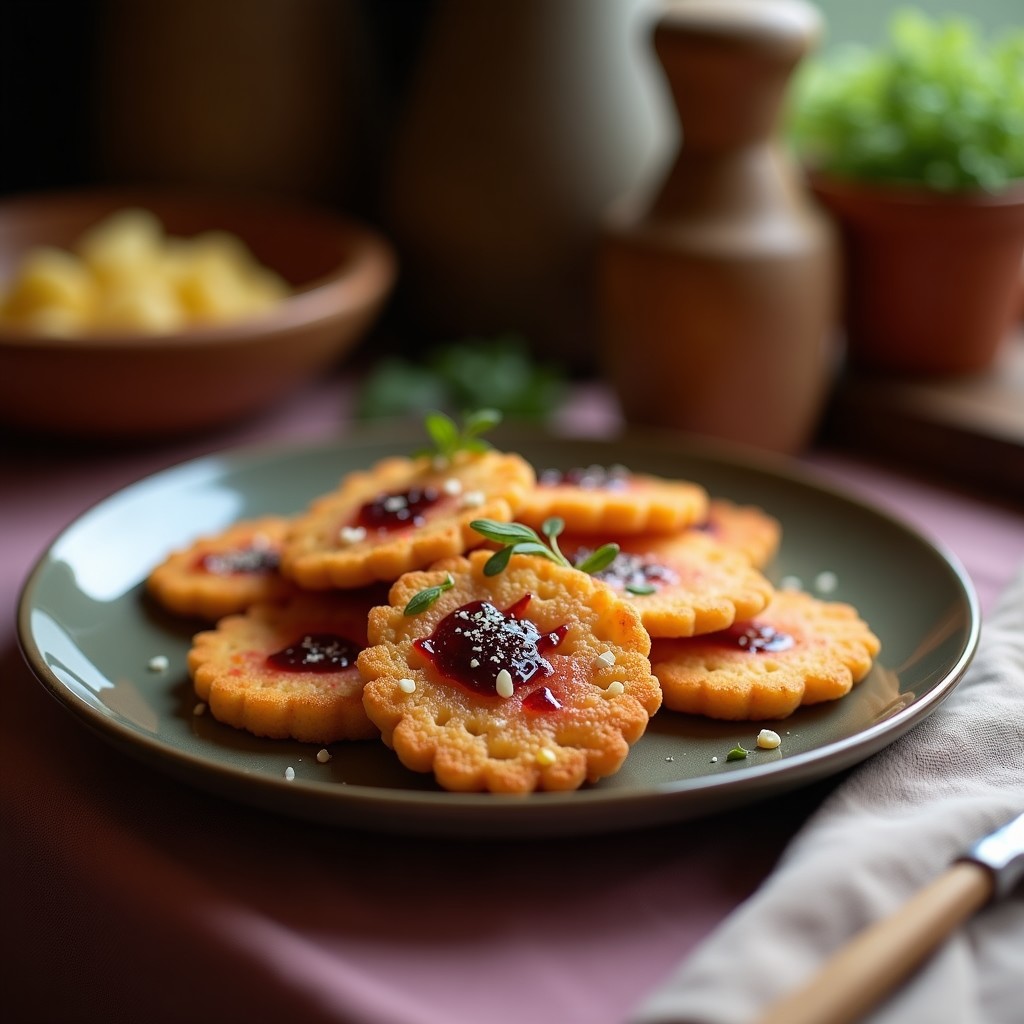 Galletas redondas de color morado oscuro con semillas de amapola visibles, dispuestas en una bandeja de madera rústica. Textura crujiente y superficie ligeramente agrietada, ideal como postre sin gluten y antioxidante.