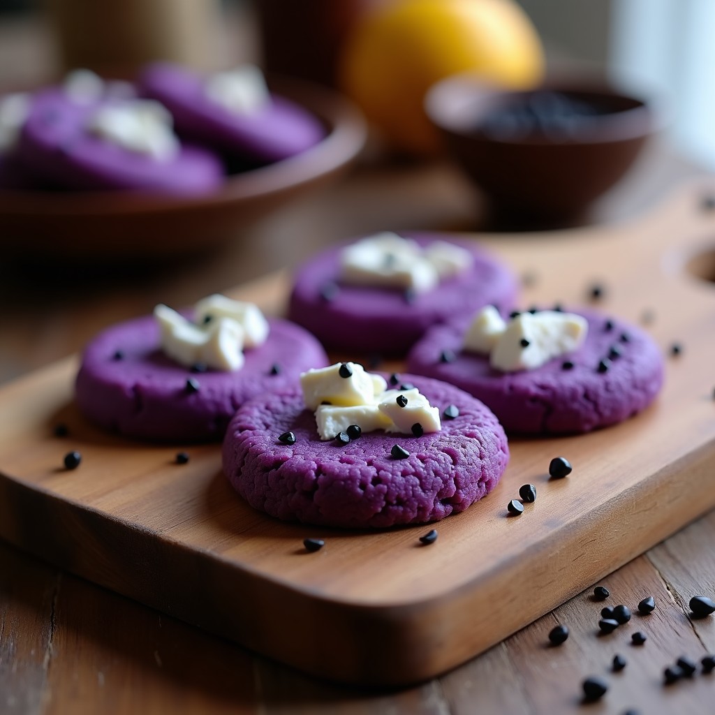 Galletas redondas de color morado oscuro con trozos de queso de cabra, decoradas con semillas de sésamo, sobre una bandeja de madera rústica con fondo de tela de lino blanco.