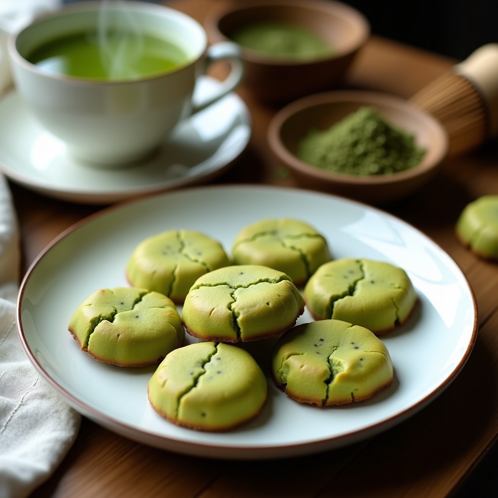 Galletas doradas y ligeramente verdes de matcha con semillas de chía visibles, dispuestas en una bandeja de madera rústica con té verde al fondo. Postre japonés sin gluten y antioxidante.