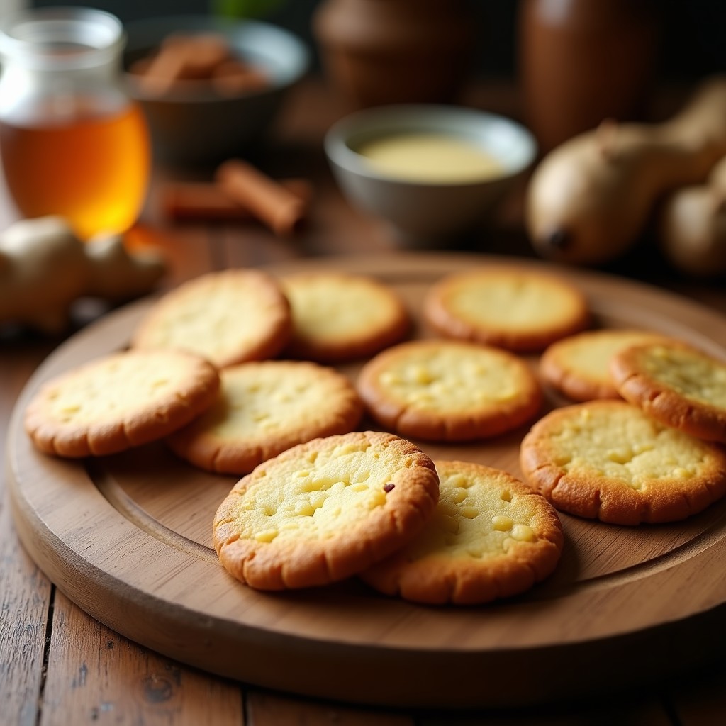 Galletas doradas de miel y jengibre en airfryer, crujientes por fuera y tiernas por dentro, dispuestas en una rejilla de madera con especias al fondo.