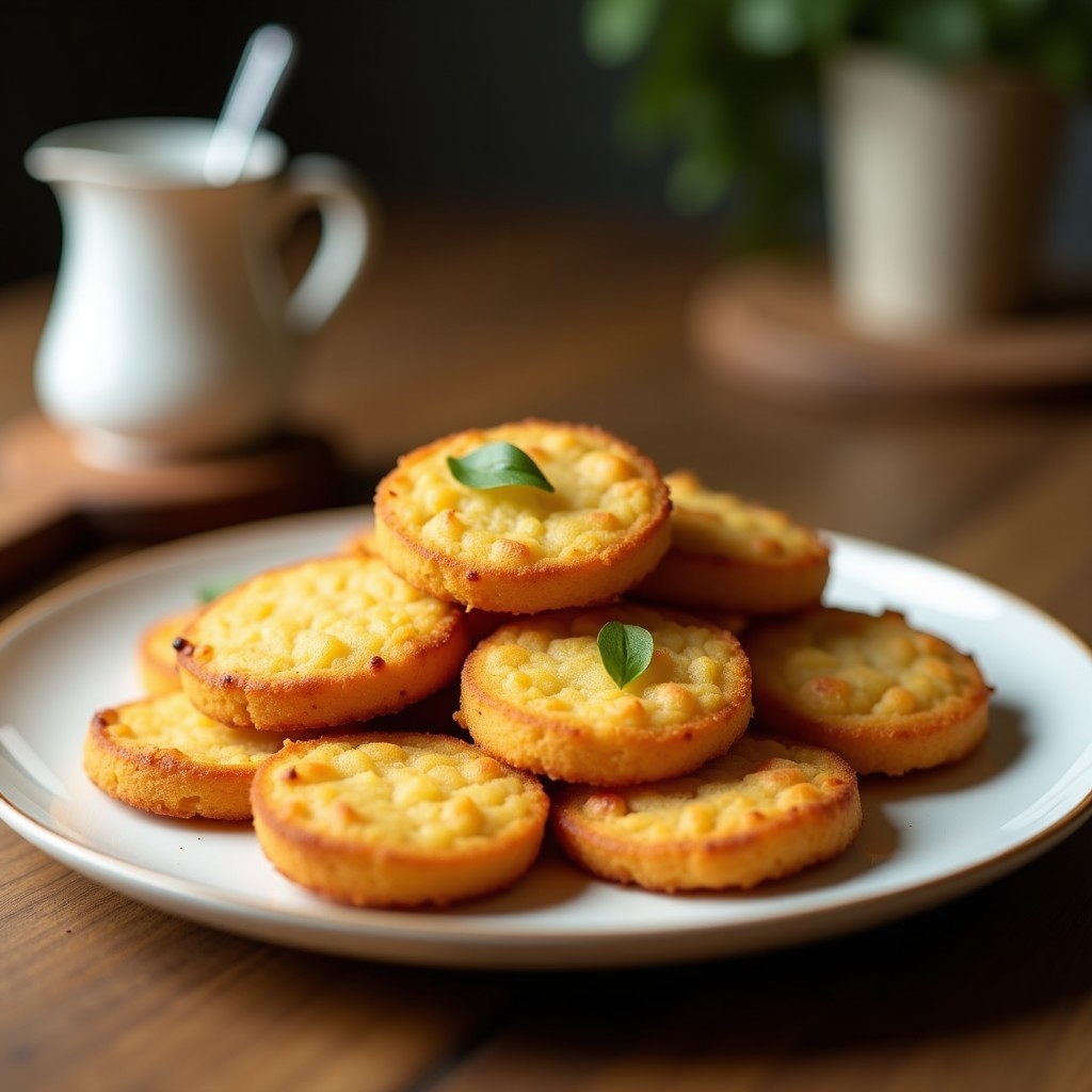 Galletas doradas de mijo y coco apiladas en un plato de cerámica blanca, con textura crujiente y trocitos de coco visibles, servidas sobre una mesa de madera rústica con un fondo desenfocado.