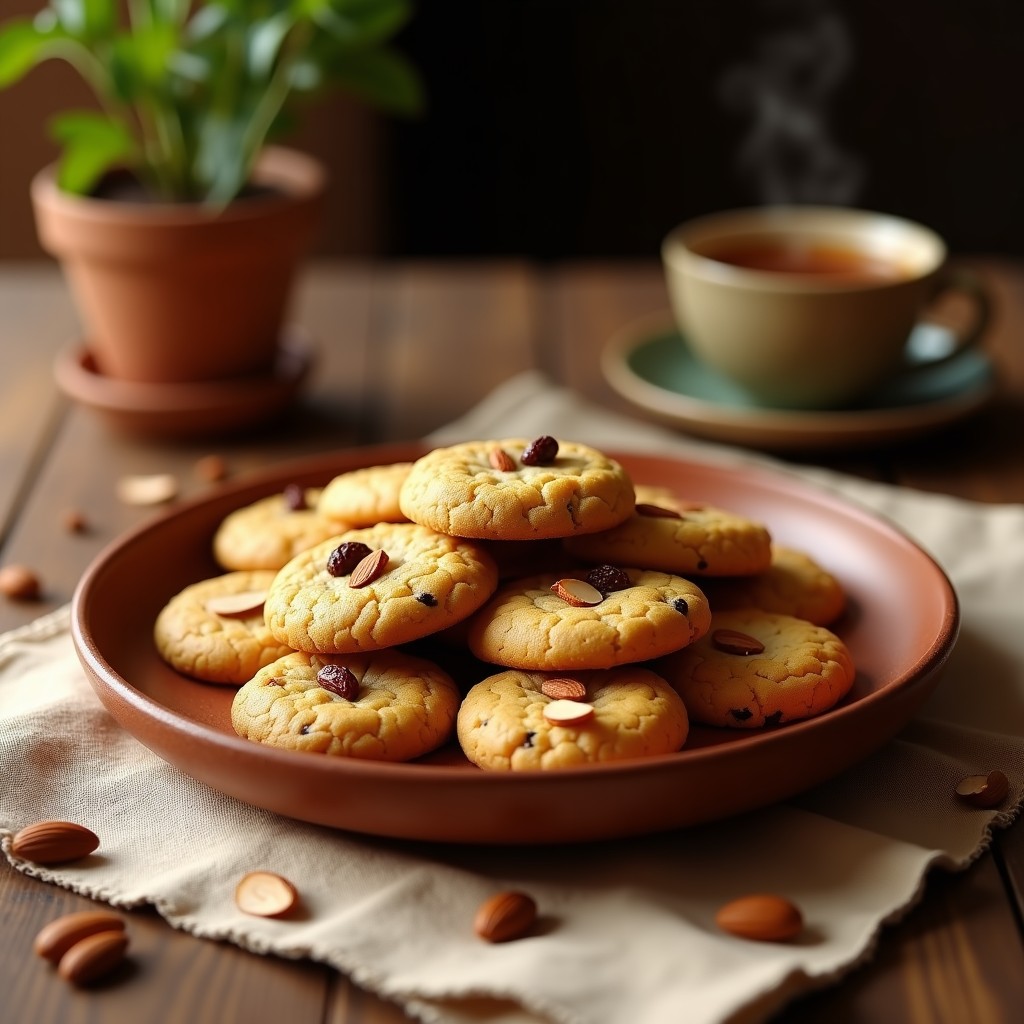Galletas doradas de mijo con pasas y almendras fileteadas, especiadas con cardamomo, dispuestas en un plato de cerámica blanca con fondo rústico. Desayuno indio sin gluten crujiente y aromático.