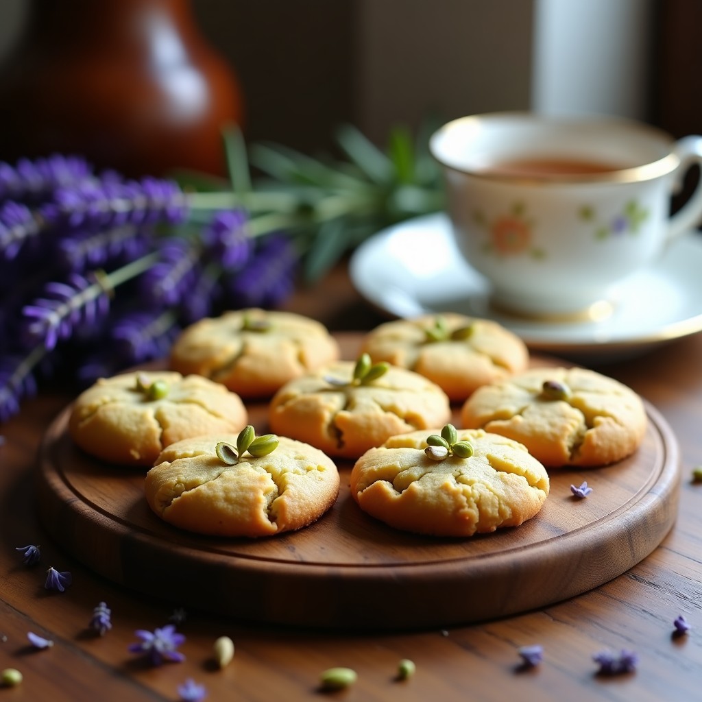 Galletas doradas y crujientes de harina de pistacho con flores de lavanda esparcidas, servidas en una bandeja de madera rústica con un ramito de lavanda fresca al lado. Postre francés keto sin azúcar.