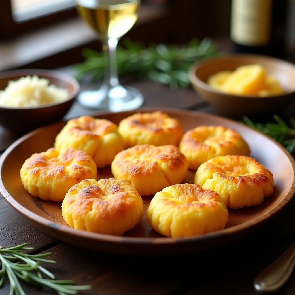 Galletas doradas y crujientes de polenta y queso pecorino sobre una tabla de madera rústica, con hojas de romero fresco y ralladura de limón como decoración, aperitivo italiano en airfryer.