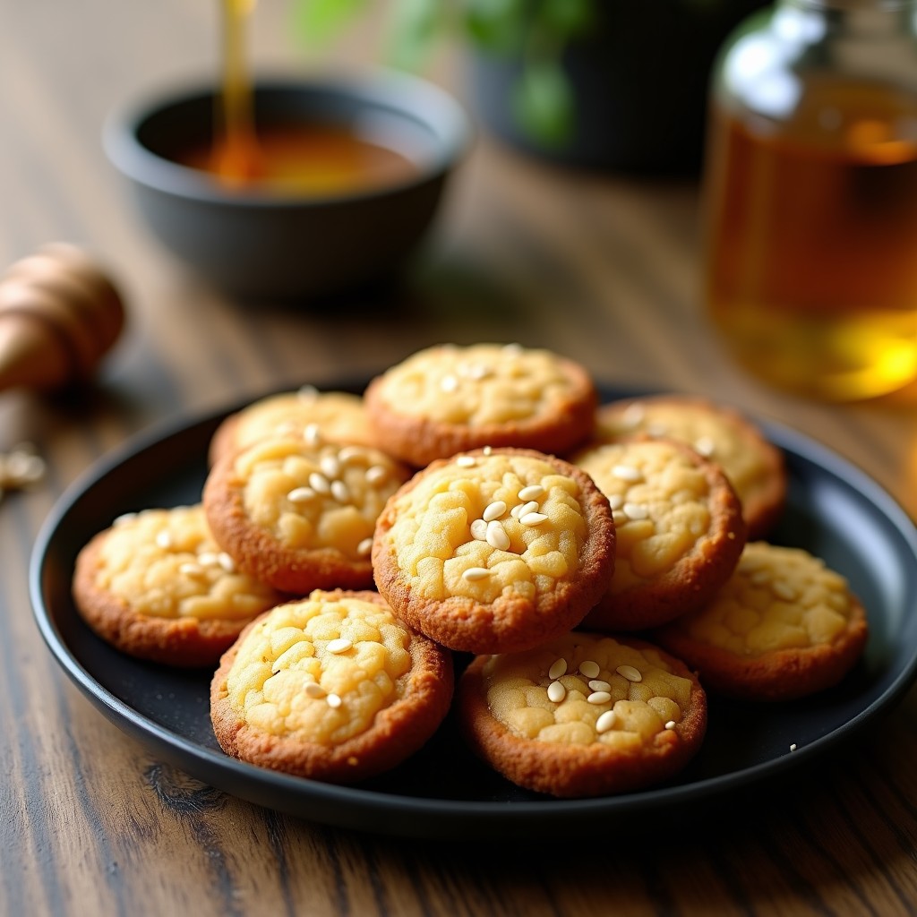 Galletas doradas y crujientes de proteína de críal de grillo y miel, con semillas de sésamo, servidas en un plato de cerámica negra sobre fondo de madera rústica. Snack keto ideal para deporte, preparado en airfryer.
