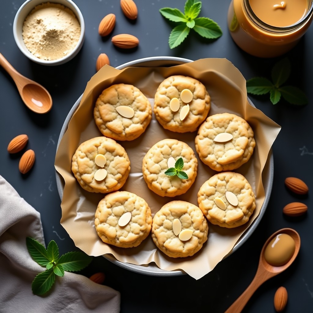 Galletas keto redondas de proteína de guisante y mantequilla de almendras, con almendras fileteadas por encima, sobre papel de horno. Textura firme y color dorado claro, perfectas para un postre sin azúcar y alto en proteína.