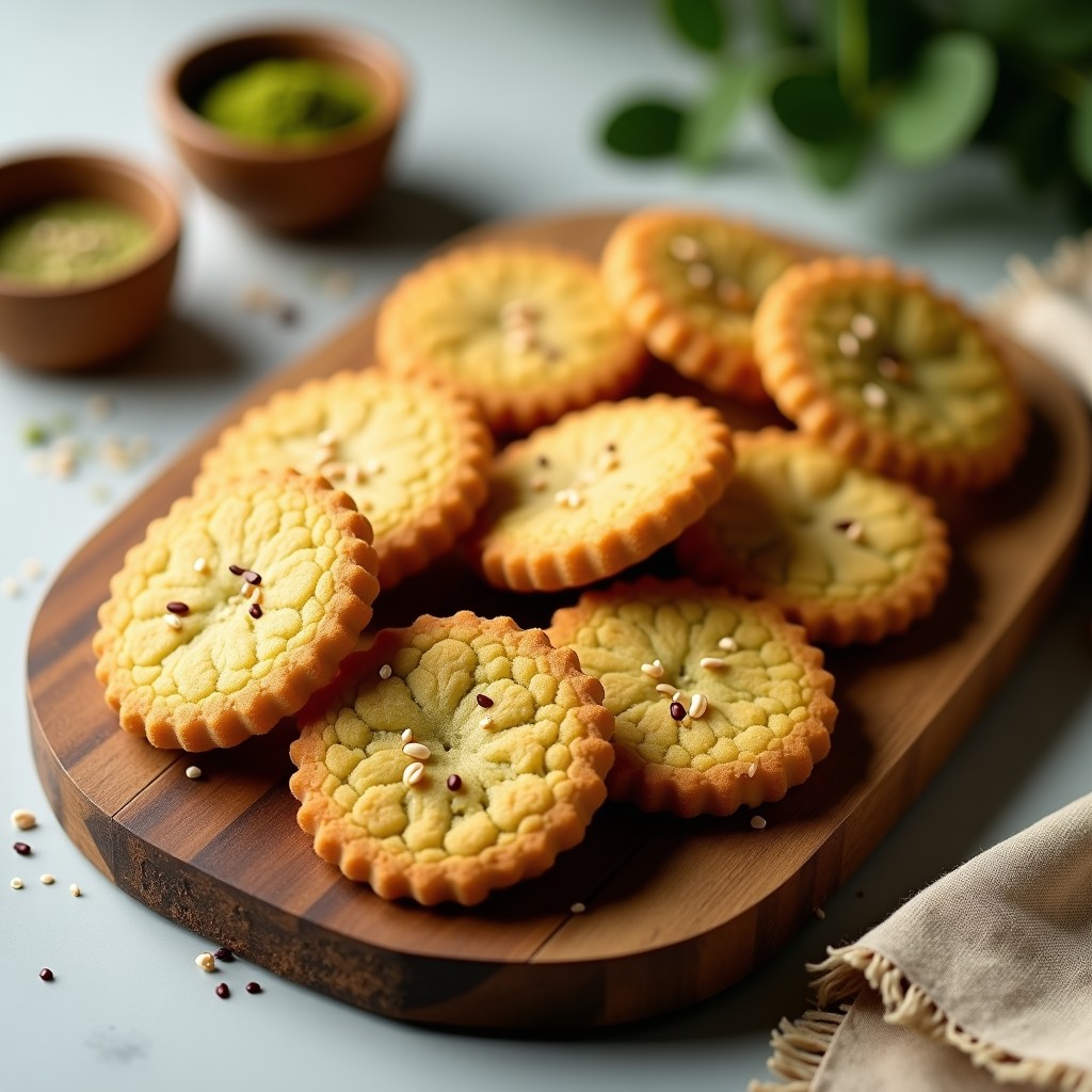 Galletas doradas y crujientes de proteína de guisante y matcha dispuestas en una bandeja de madera con semillas de sésamo tostadas, receta keto en airfryer, fondo neutro.