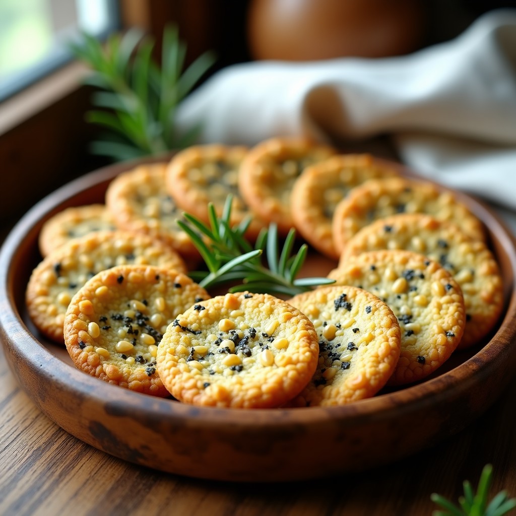 Galletas doradas y crujientes de quinoa y algas espirulina, con semillas de sésamo y chía visibles, servidas en una bandeja de madera rústica con un bol de hummus al lado. Aperitivo sin gluten y alto en proteína.