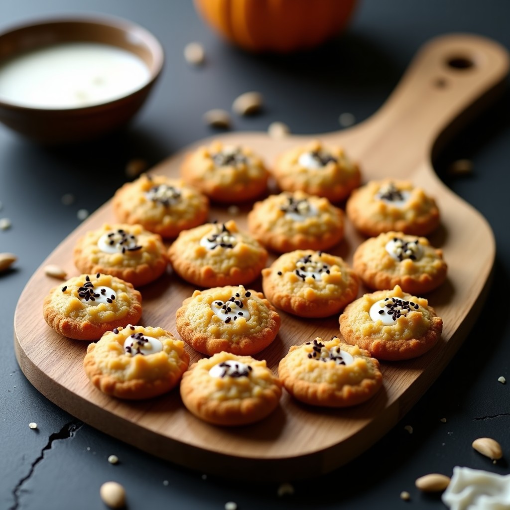 Galletas redondas y doradas de semillas de calabaza y miso blanco, con semillas de sésamo negro y algas nori, dispuestas en una bandeja de madera rústica. Aperitivo vegano sin horno, crujiente y con textura rugosa.