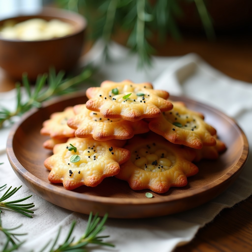 Galletas saladas doradas y crujientes de semillas de chía y romero, con toques de sésamo, dispuestas en una bandeja rústica de madera sobre un fondo claro. Receta keto y sin gluten hecha en airfryer.